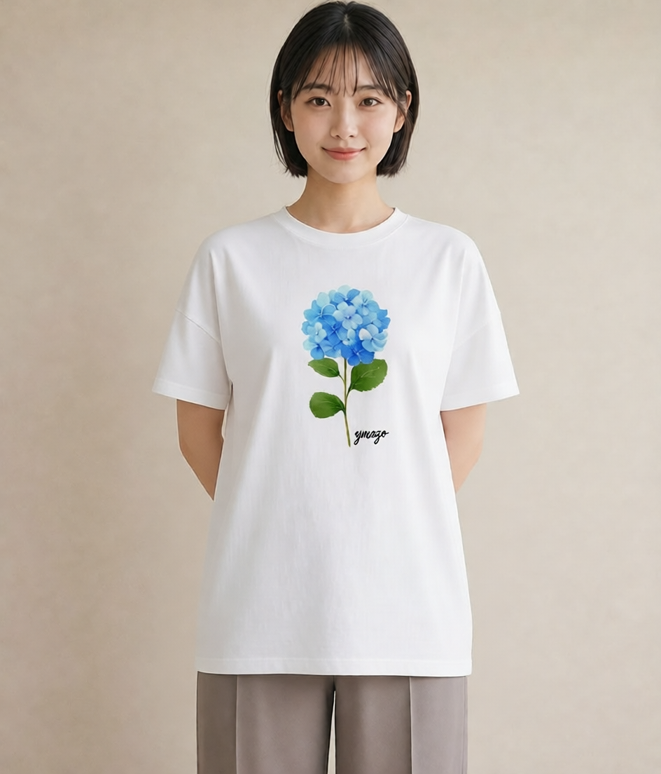プリントTシャツ レディース あじさい 紫陽花 アジサイ 花 花柄 イラスト ニュアンス ラフ レイヤード 白T