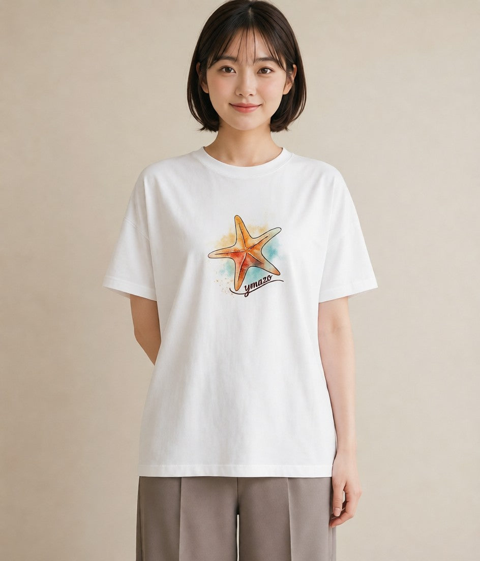 半袖Tシャツ レディース スター 星空 宇宙 イラスト ゆるかわ ラフ レイヤード 白T YMAZO