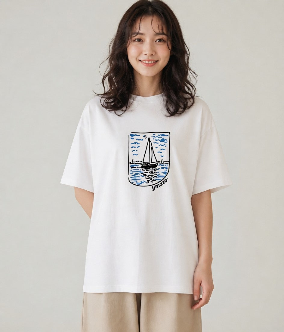 Tシャツ レディース 桟橋 水辺 波止場 ナチュラル アンティーク イラスト 淡色 おしゃれギフト 社会人 白T YMAZO