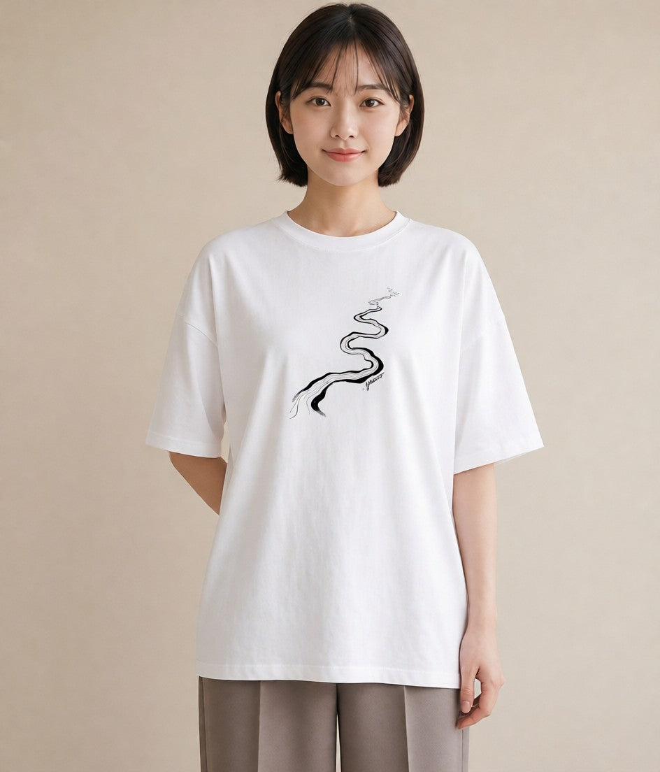 グラフィックTシャツ レディース 小川 橋 せせらぎ ナチュラル アンティーク イラスト 自分用 ルームウェア 白T YMAZO