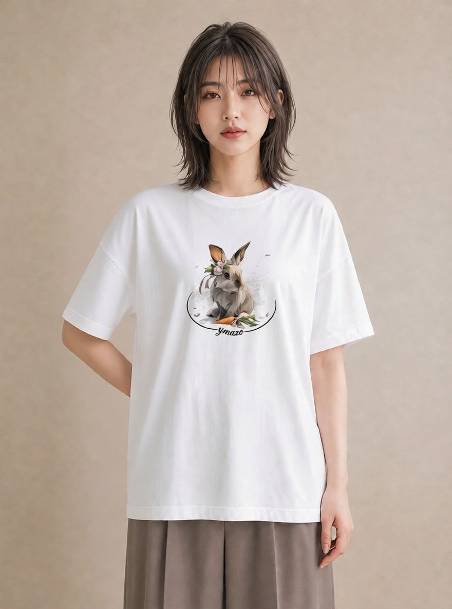 プリントTシャツ レディース うさぎ ウサギ ラビット ペット 動物 イラスト 韓国風 春服 ミセス 白T YMAZO