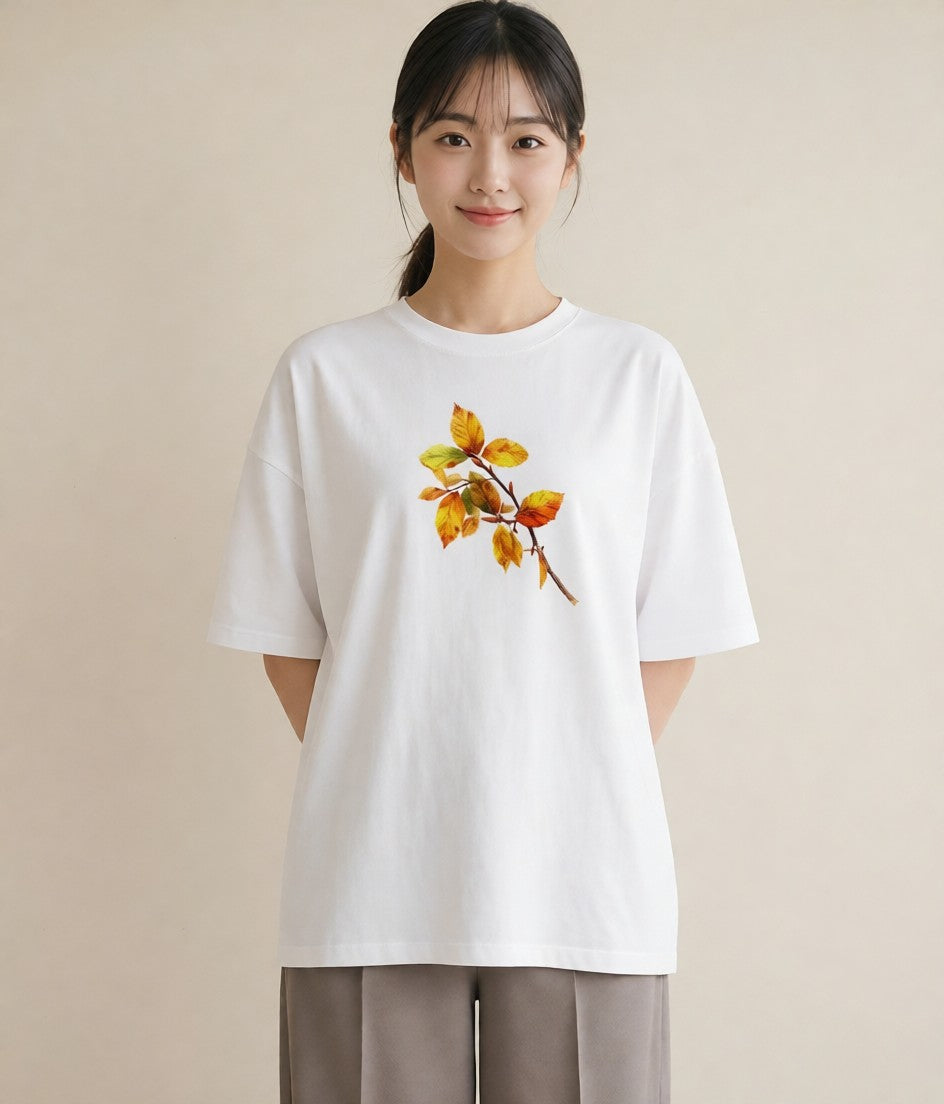 半袖Tシャツ レディース 落ち葉 植物 ボタニカル イラスト こなれ感 ラフ レイヤード 白T YMAZO