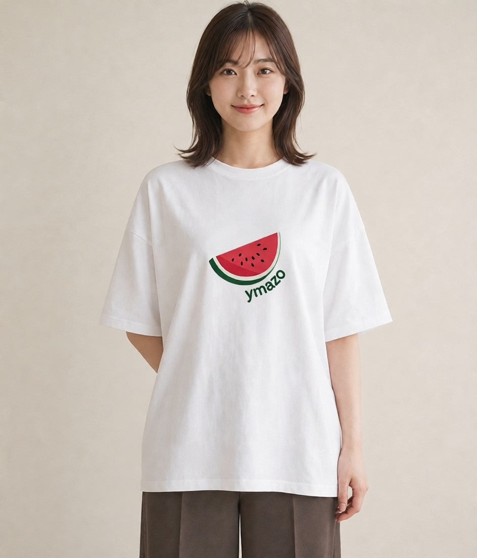 半袖Tシャツ レディース すいか 食べ物 フード イラスト ボタニカル 夏コーデ 通学 白T YMAZO