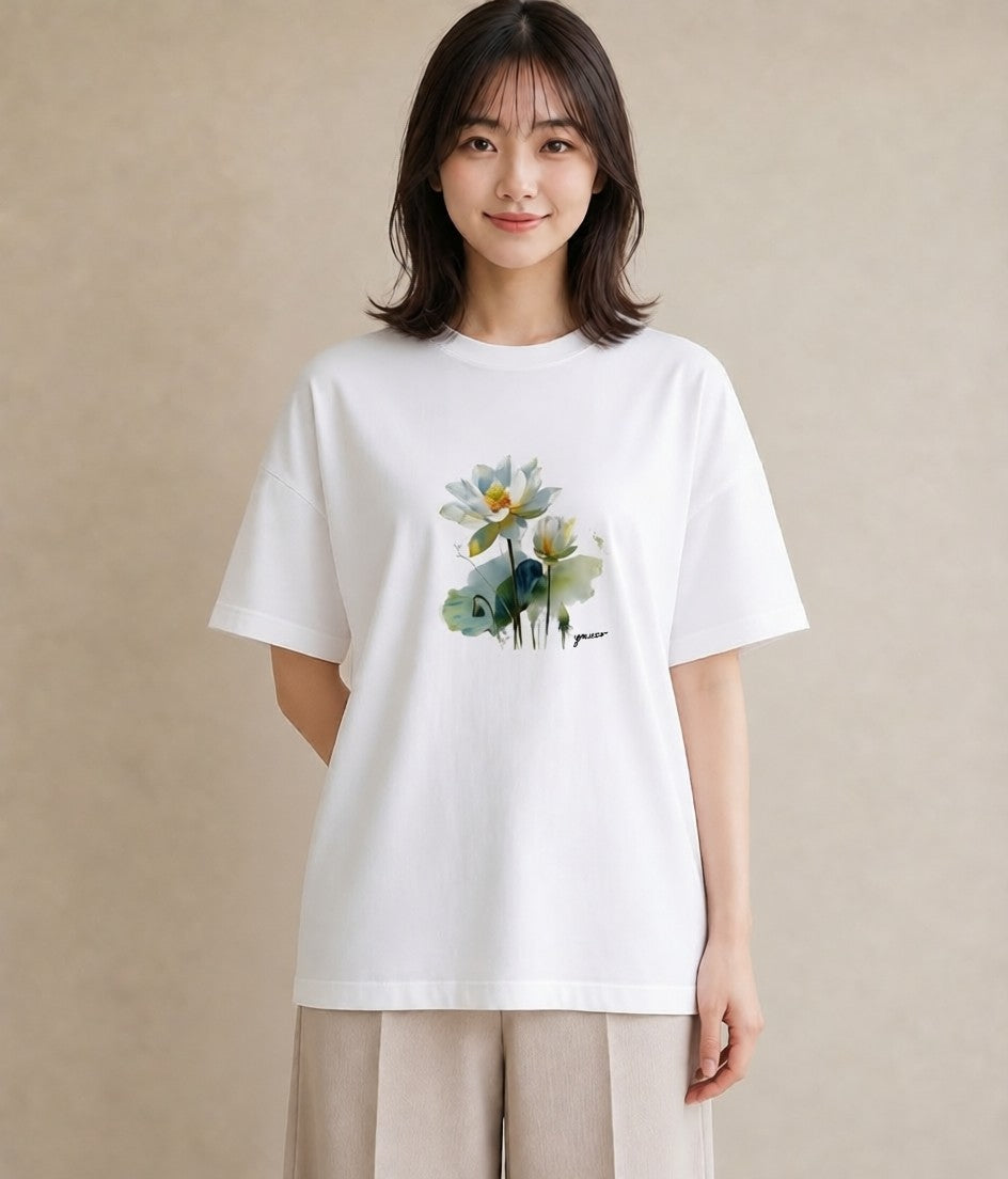 半袖Tシャツ レディース 蓮 花 花柄 イラスト 普段使い ホワイトデー 春服 白T YMAZO