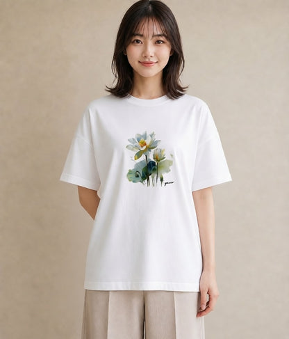 半袖Tシャツ レディース 蓮 花 花柄 イラスト 普段使い ホワイトデー 春服 白T YMAZO