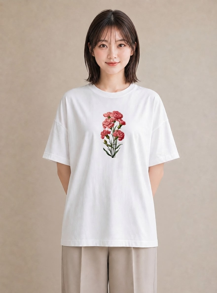 デザインTシャツ レディース カーネーション 花 花柄 イラスト 休日コーデ 春服 ミセス 白T YMAZO
