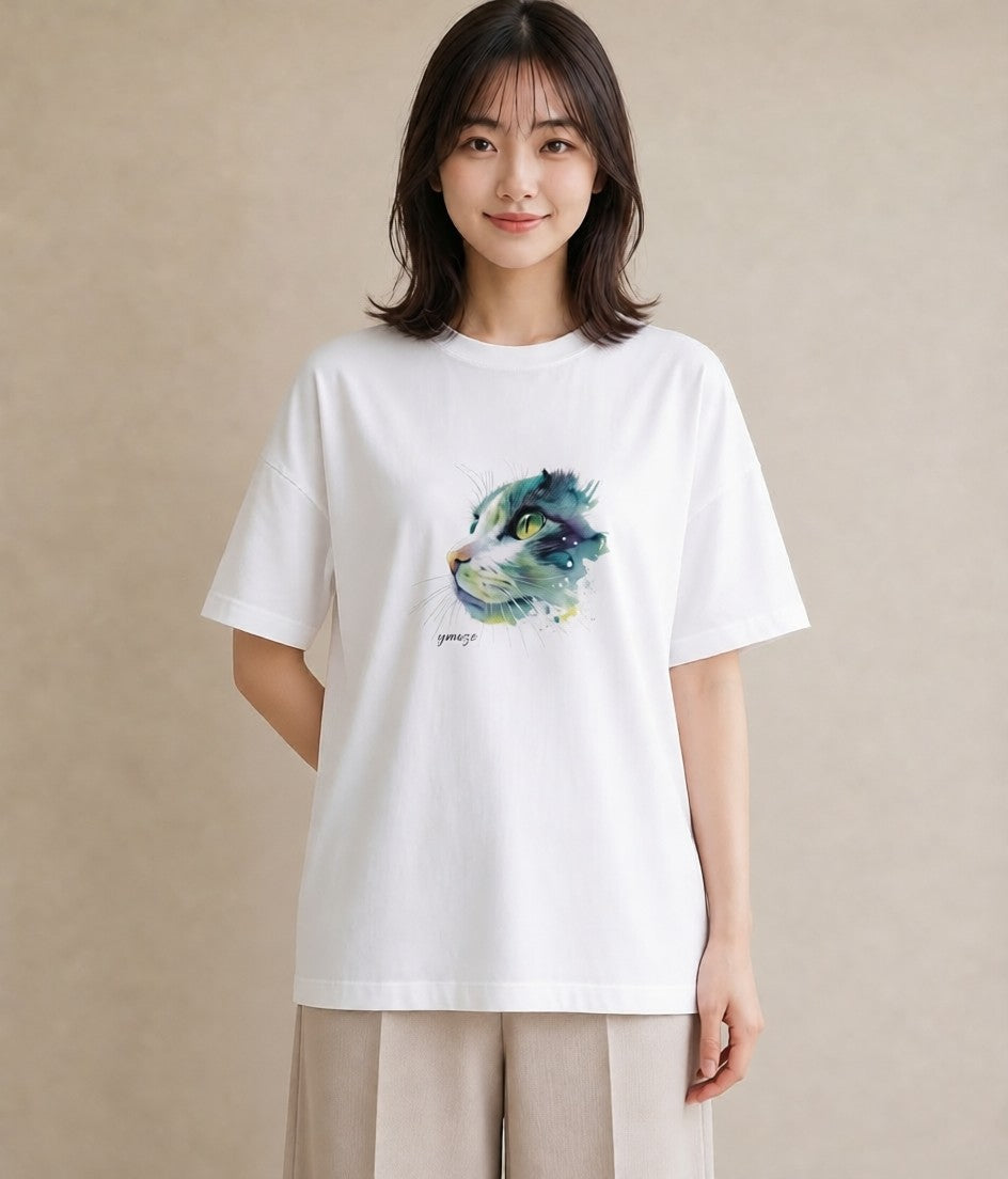 デザインTシャツ レディース サビ猫 猫 ねこ イラスト モード 誕生日プレゼント 綿100 白T YMAZO
