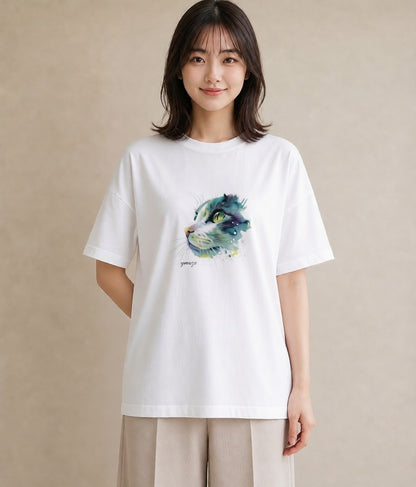 デザインTシャツ レディース サビ猫 猫 ねこ イラスト モード 誕生日プレゼント 綿100 白T YMAZO