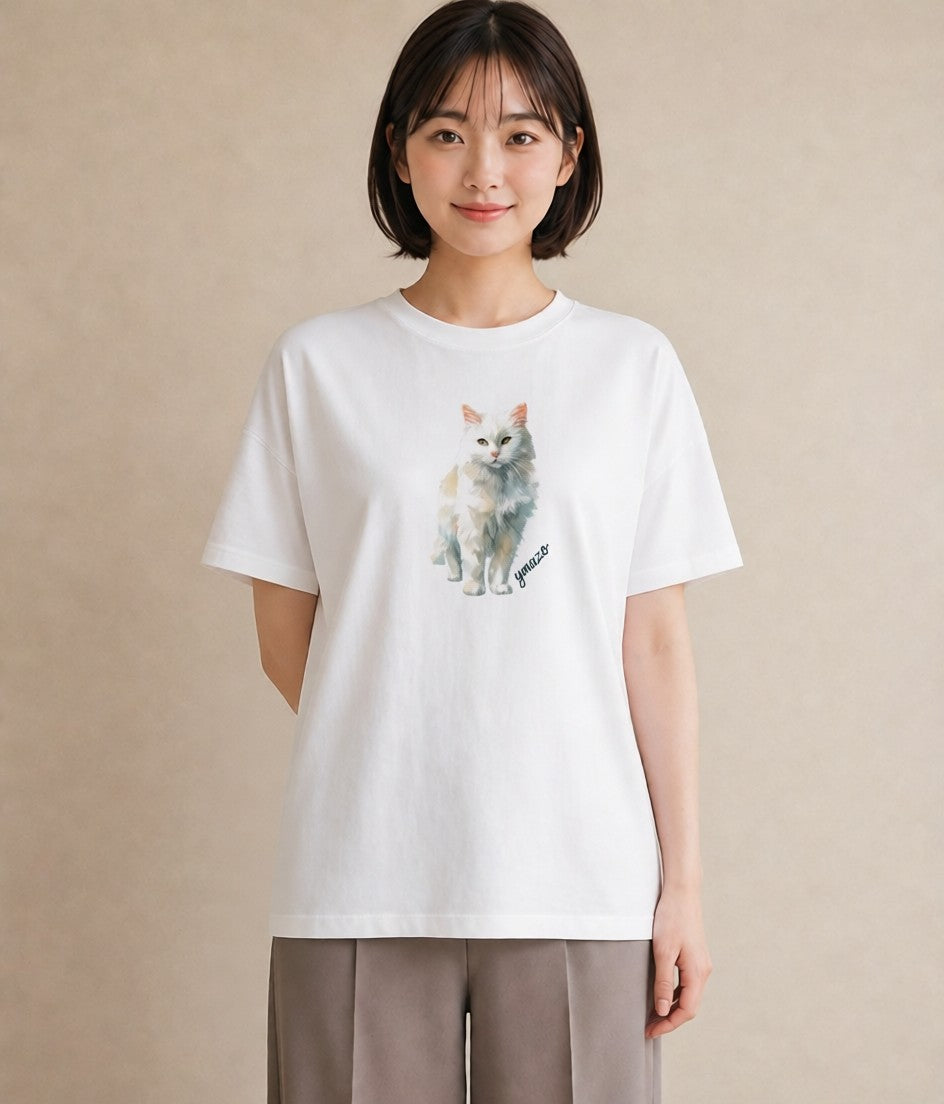 半袖Tシャツ レディース 猫好き 猫 ねこ イラスト ミニマル 女子会 お揃い 白T YMAZO