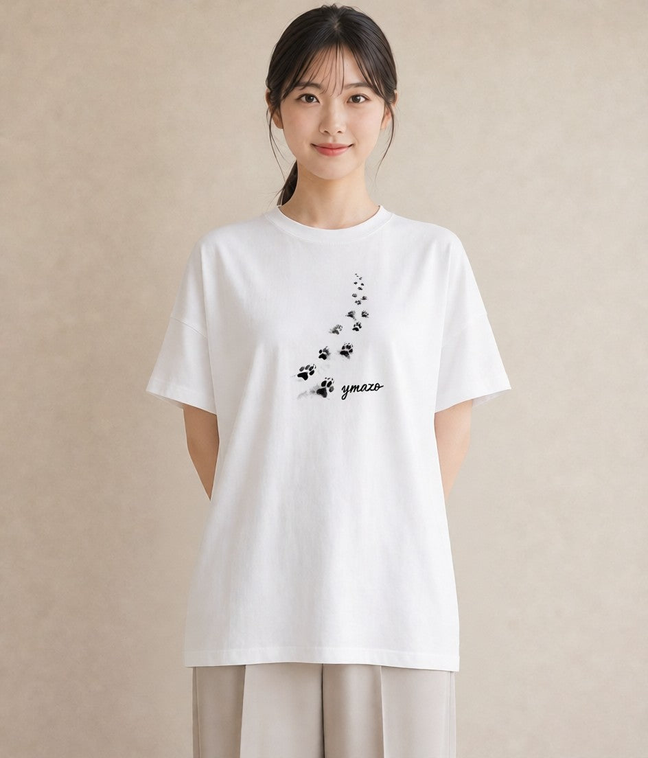 グラフィックTシャツ レディース 肉球 猫 ねこ イラスト 淡色 ミセス 春コーデ 白T YMAZO
