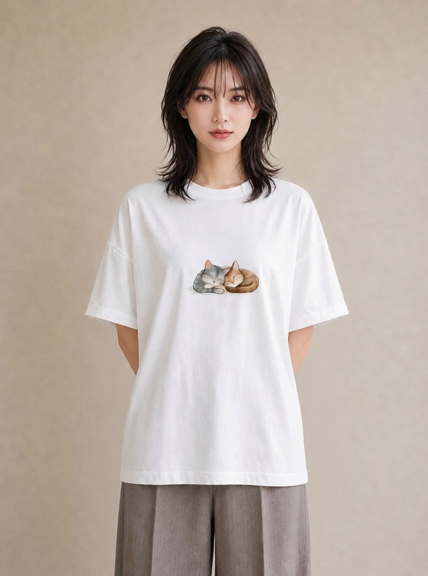 半袖Tシャツ レディース 肉球 猫 ねこ イラスト シンプル ママ カフェ服 白T YMAZO
