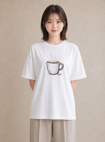 プリントTシャツ レディース コーヒー カフェ 珈琲 イラスト こなれ感 ペアコーデ 秋コーデ 白T YMAZO
