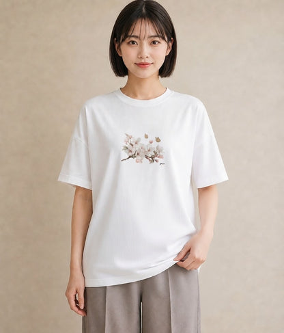 Tシャツ レディース 梅 花 花柄 イラスト ラフカジュアル 女性向けギフト 散歩 白T YMAZO