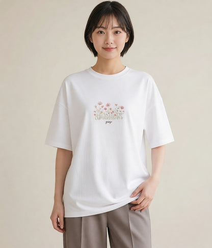 Tシャツ レディース デイジー 花 花柄 イラスト きれいめカジュアル 在宅 公園 白T YMAZO
