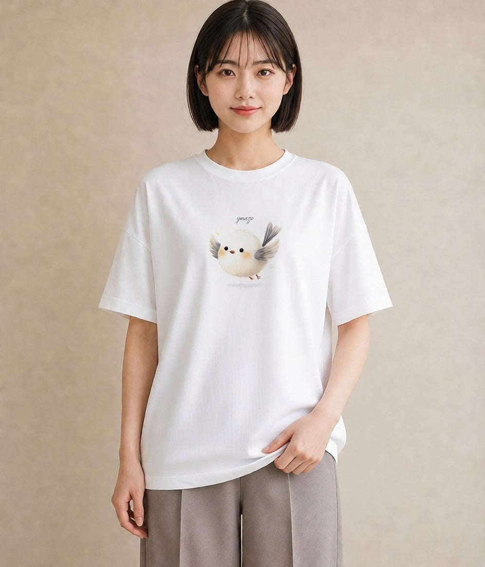 デザインTシャツ レディース 小鳥 ペット 動物 イラスト レトロ 海 カフェ巡り 白T YMAZO