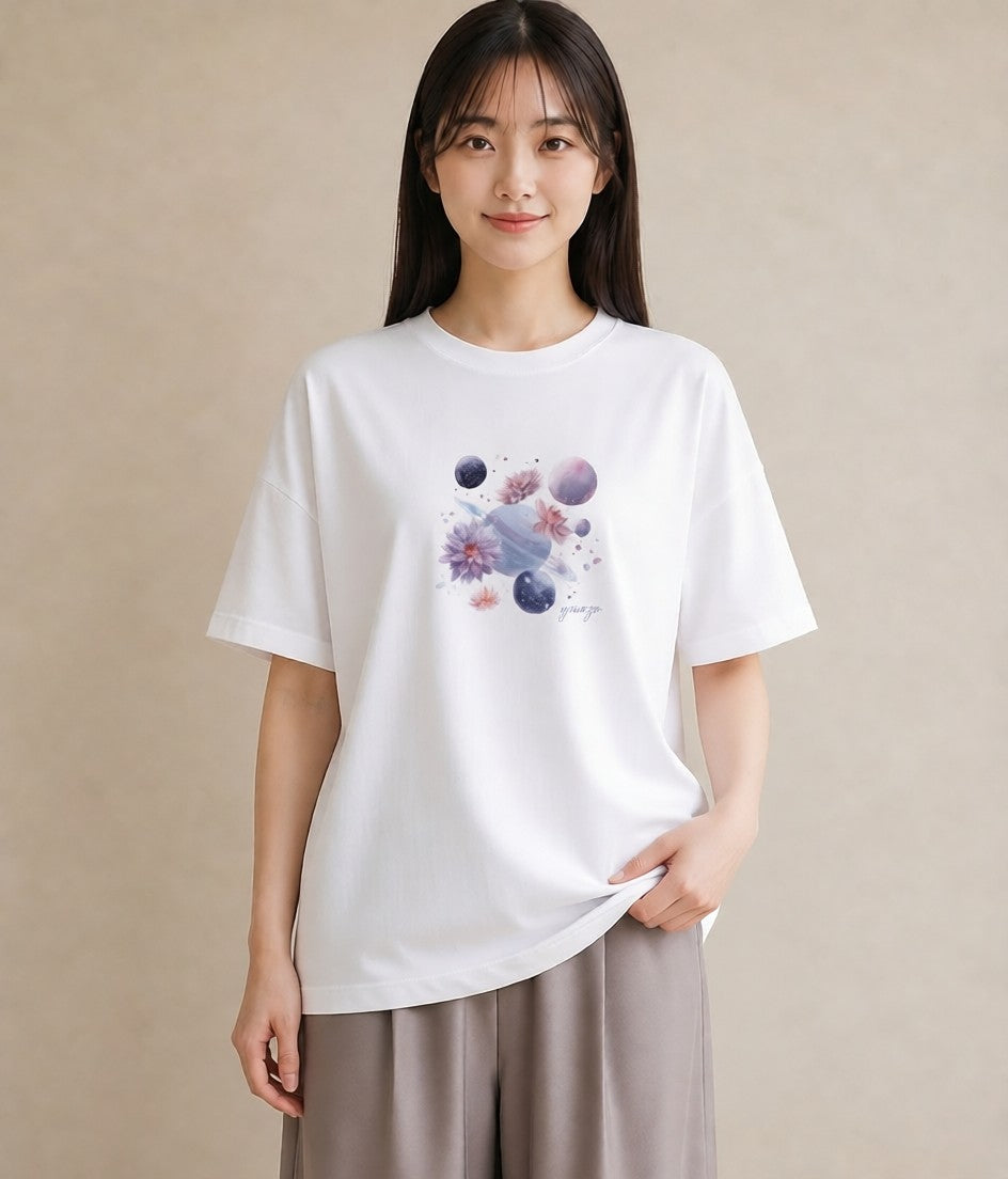 デザインTシャツ レディース 水瓶座 星空 宇宙 イラスト ナチュラル デート 帰省 白T YMAZO