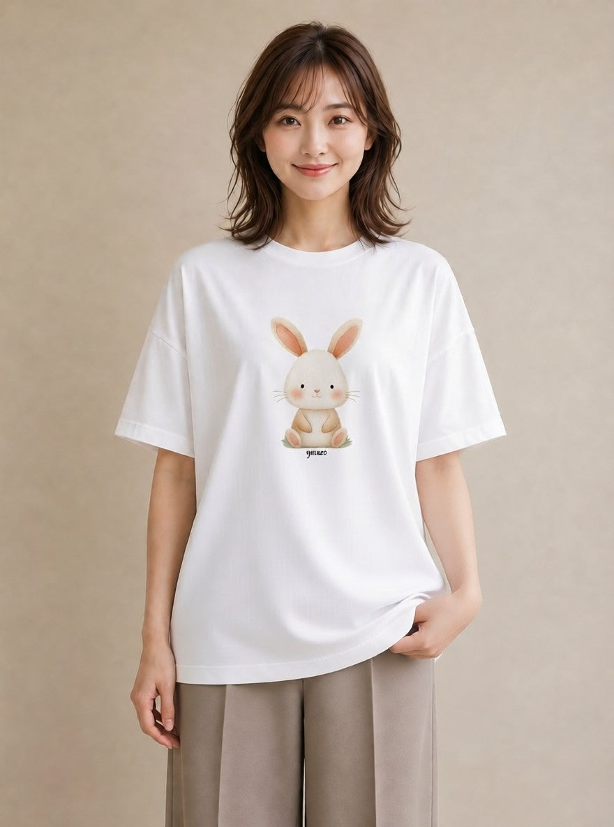 半袖Tシャツ レディース うさぎ ウサギ ラビット ペット 動物 イラスト 上品 女子会 お揃い 白T YMAZO