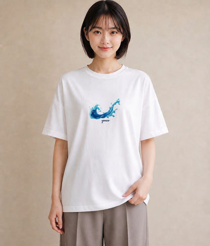 Tシャツ レディース 波 星空 宇宙 イラスト 韓国風 秋コーデ おしゃれギフト 白T YMAZO