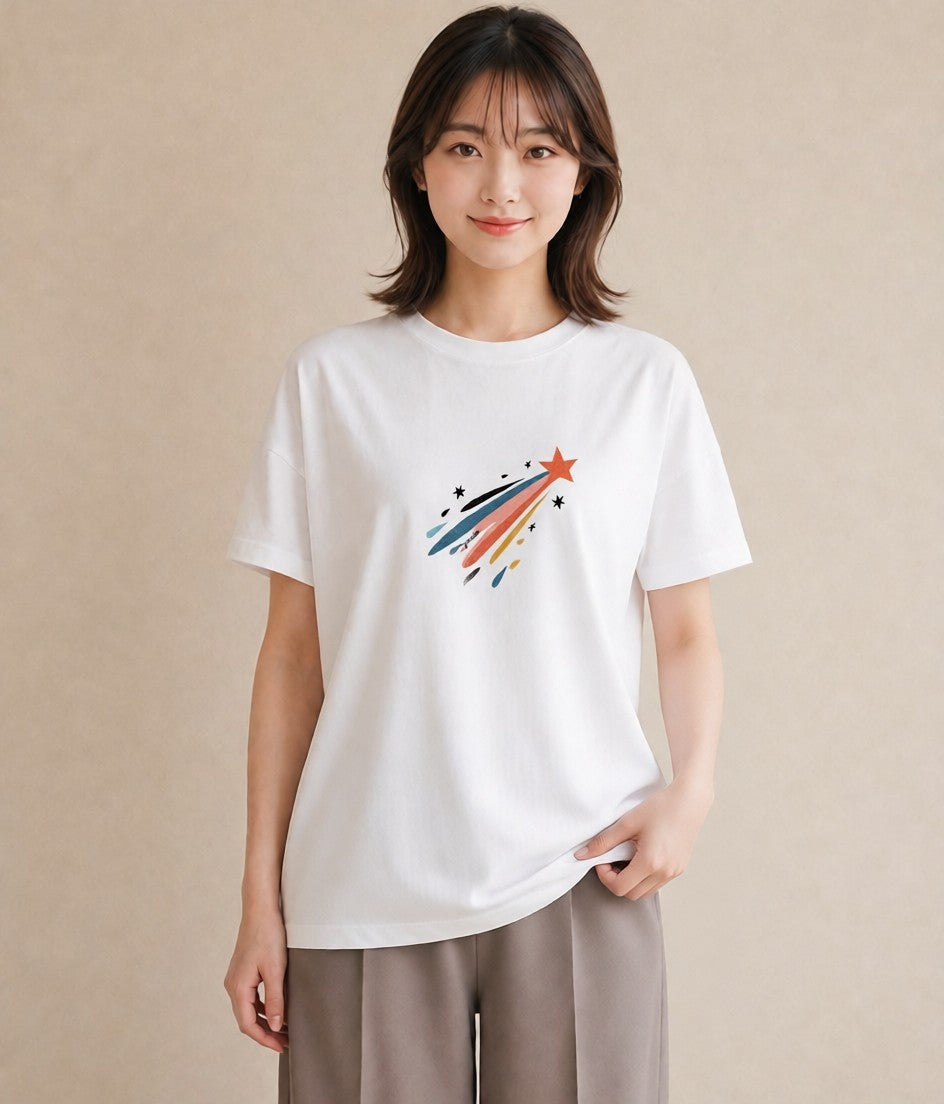 Tシャツ レディース スター 星空 宇宙 イラスト 個性的 レイヤード 友達ギフト 白T YMAZO