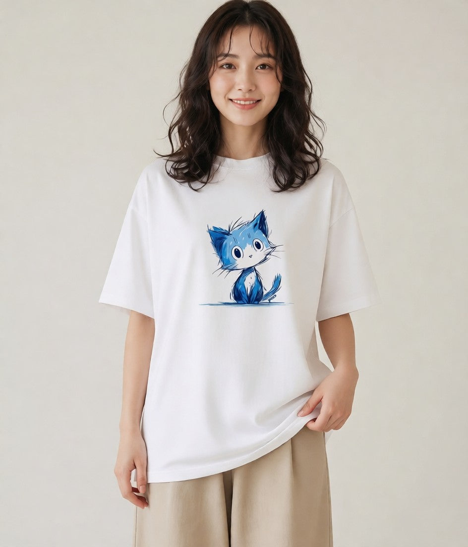 グラフィックTシャツ レディース ロシアンブルー 猫 ねこ イラスト ナチュラル ビーチ デイリーウェア 白T YMAZO