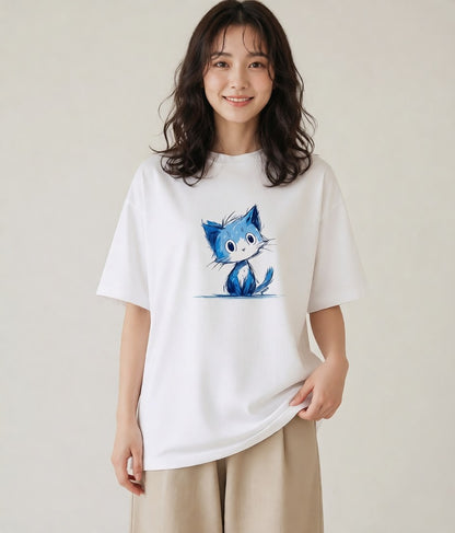 グラフィックTシャツ レディース ロシアンブルー 猫 ねこ イラスト ナチュラル ビーチ デイリーウェア 白T YMAZO