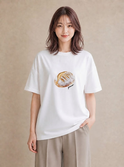 Tシャツ レディース ベーグル 食べ物 フード イラスト 線画 普段着 週末コーデ 白T YMAZO