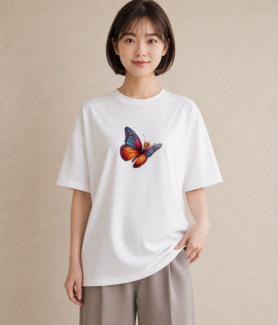 半袖Tシャツ レディース ちょうちょ 蝶 バタフライ 昆虫 虫 イラスト 春服 ミセス 白T YMAZO