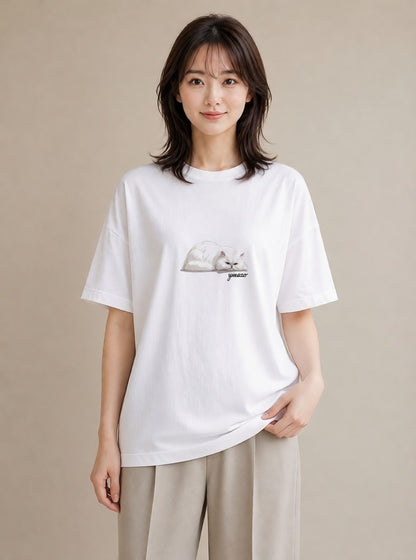 デザインTシャツ レディース ブリティッシュショートヘア 猫 ねこ イラスト 淡色 綿100 デート 白T YMAZO