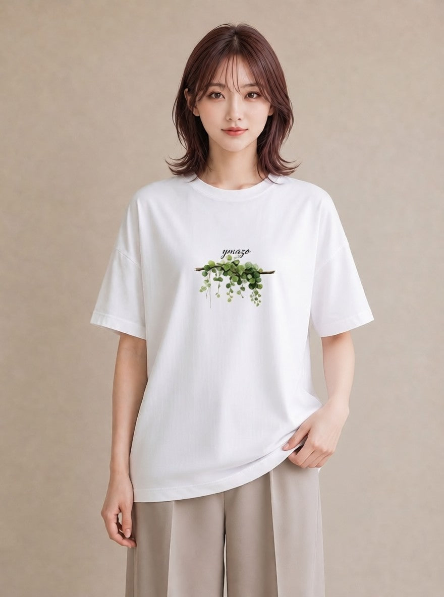 半袖Tシャツ レディース 苔 植物 ボタニカル イラスト モード カジュアルコーデ 買い物 白T YMAZO