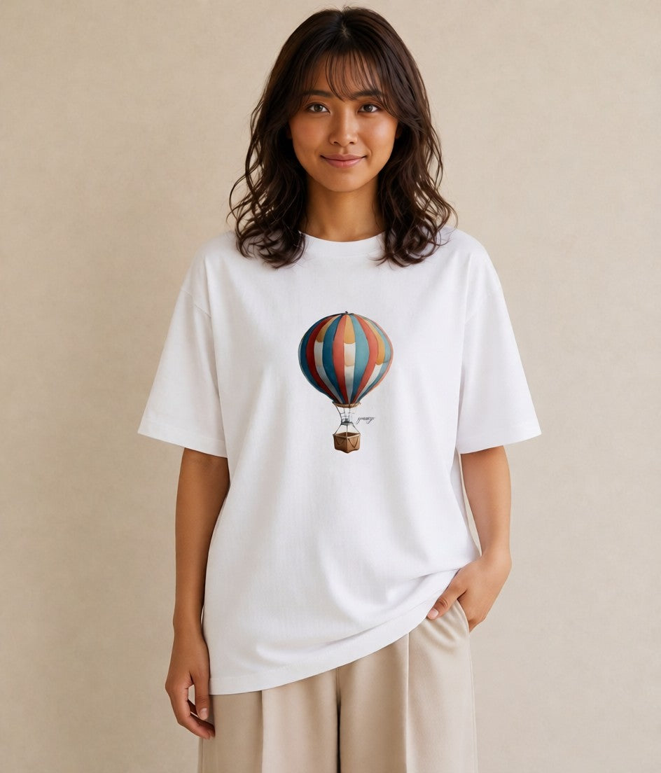 デザインTシャツ レディース 気球 星空 宇宙 イラスト 北欧風 おしゃれギフト 社会人 白T YMAZO