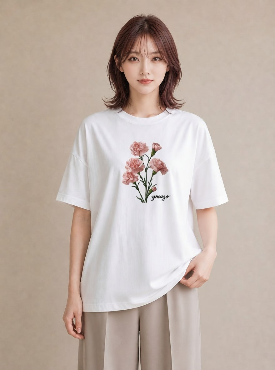 Tシャツ レディース カーネーション 花 花柄 イラスト 北欧風 綿100 デート 白T YMAZO