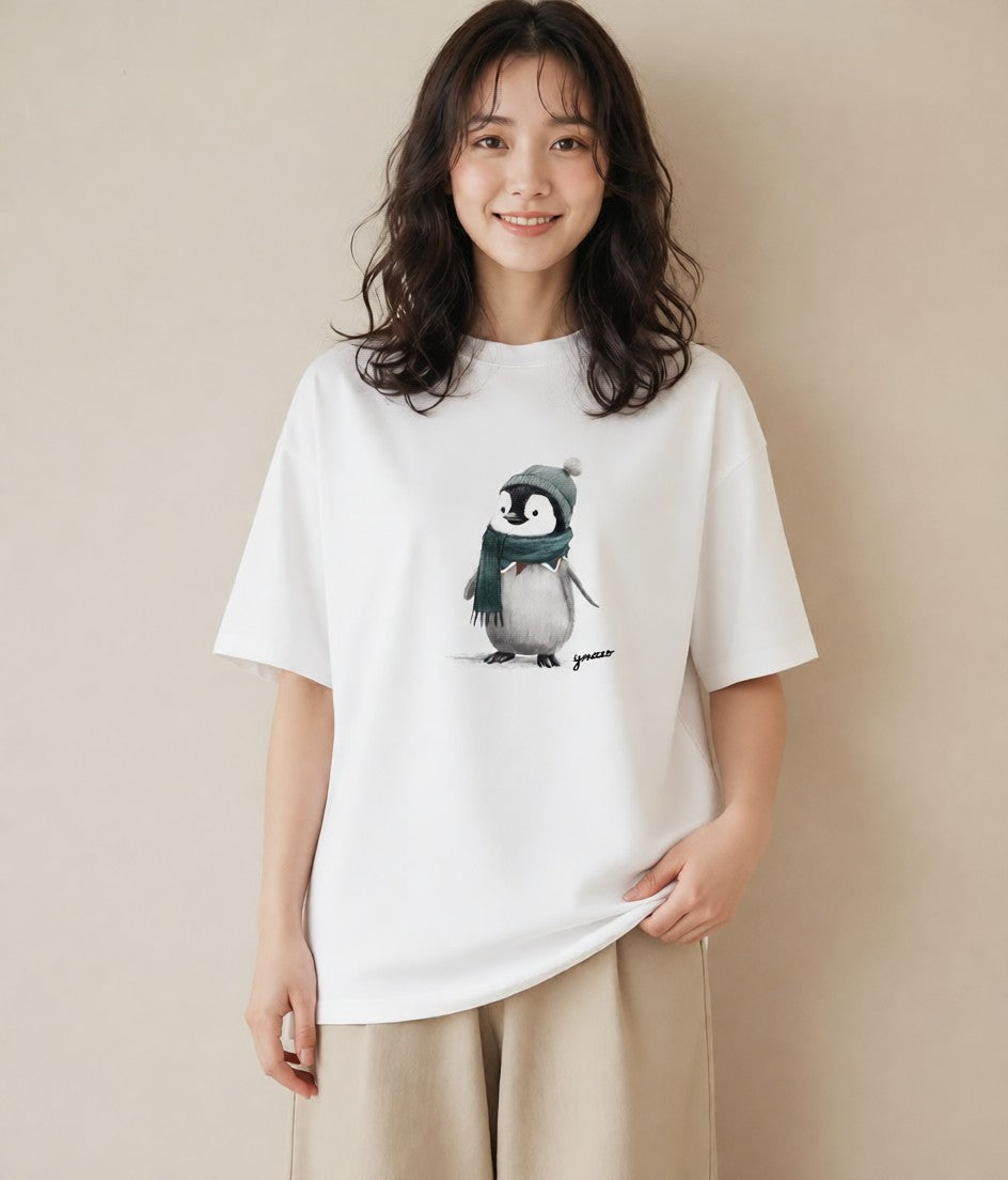 プリントTシャツ レディース コウテイペンギン 動物 アニマル イラスト ユニーク 親子 20代 白T YMAZO