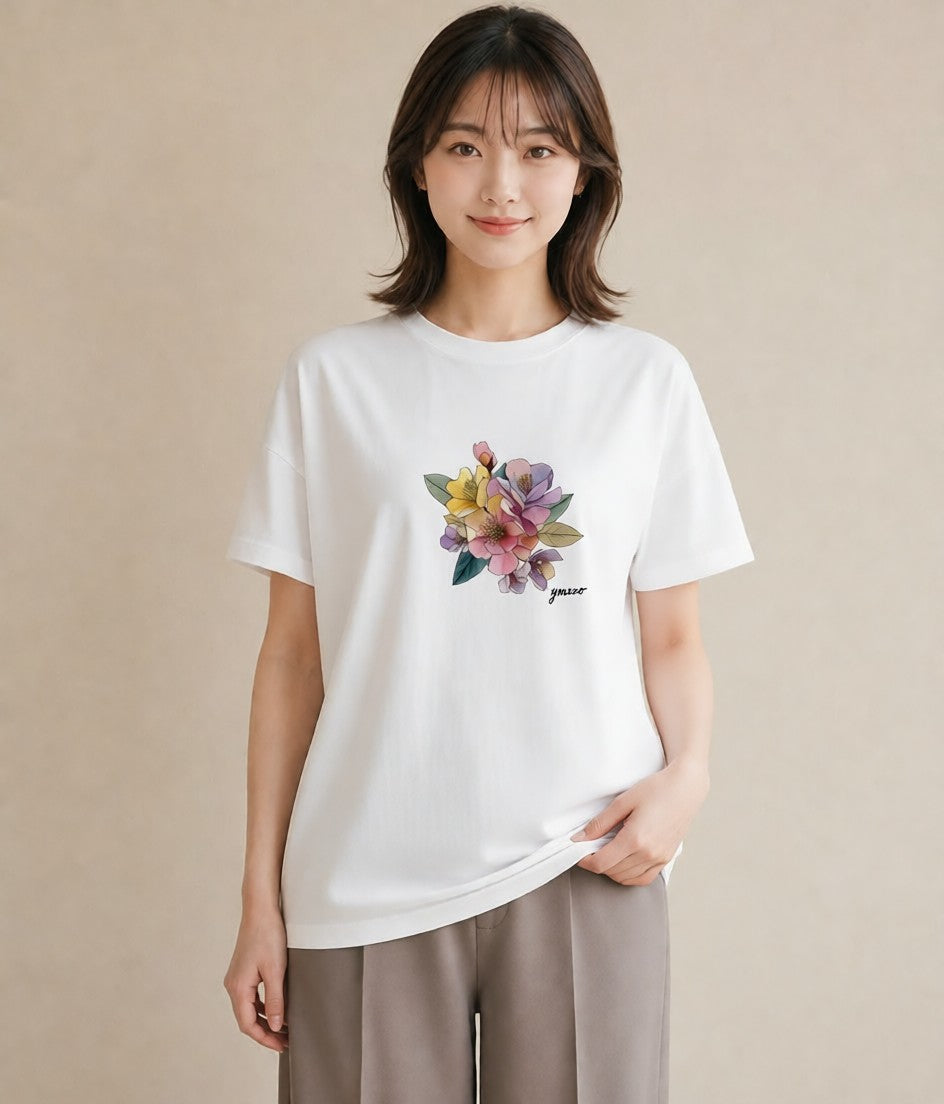 プリントTシャツ レディース パンジー 花 花柄 イラスト ナチュラル 敬老の日 ホワイトデー 白T YMAZO