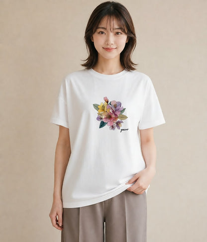 プリントTシャツ レディース パンジー 花 花柄 イラスト ナチュラル 敬老の日 ホワイトデー 白T YMAZO