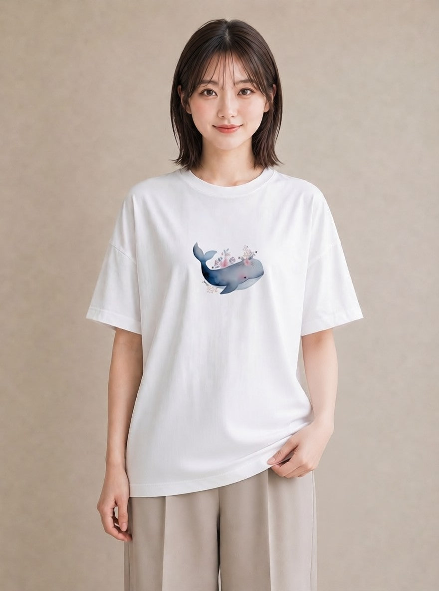 半袖Tシャツ レディース イルカ 海の生き物 海 イラスト 韓国風 夏コーデ 通学 白T YMAZO