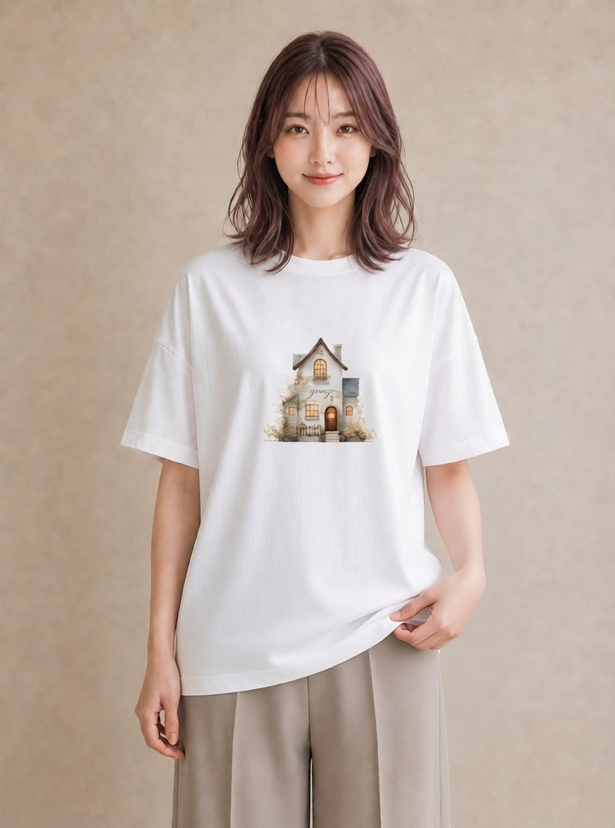 プリントTシャツ レディース 湖畔の小屋 湖 小屋 ナチュラル アンティーク イラスト 水彩風 ルームウェア ギフト 白T YMAZO