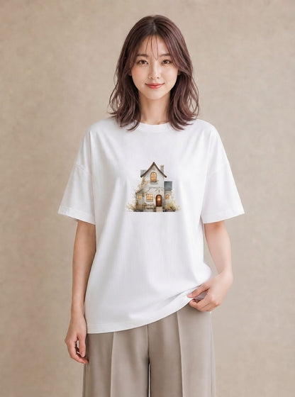 プリントTシャツ レディース 湖畔の小屋 湖 小屋 ナチュラル アンティーク イラスト 水彩風 ルームウェア ギフト 白T YMAZO