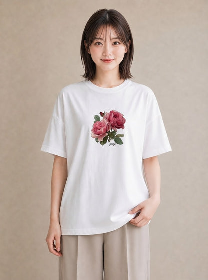 半袖Tシャツ レディース バラ 薔薇 ローズ 花 花柄 イラスト アート風 女性 旅行用 白T YMAZO
