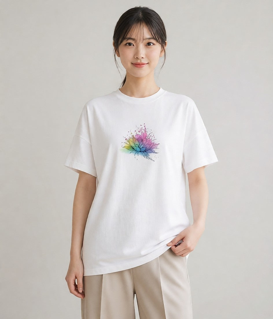 プリントTシャツ レディース 虹 星空 宇宙 イラスト 線画 散歩 お出かけ 白T YMAZO