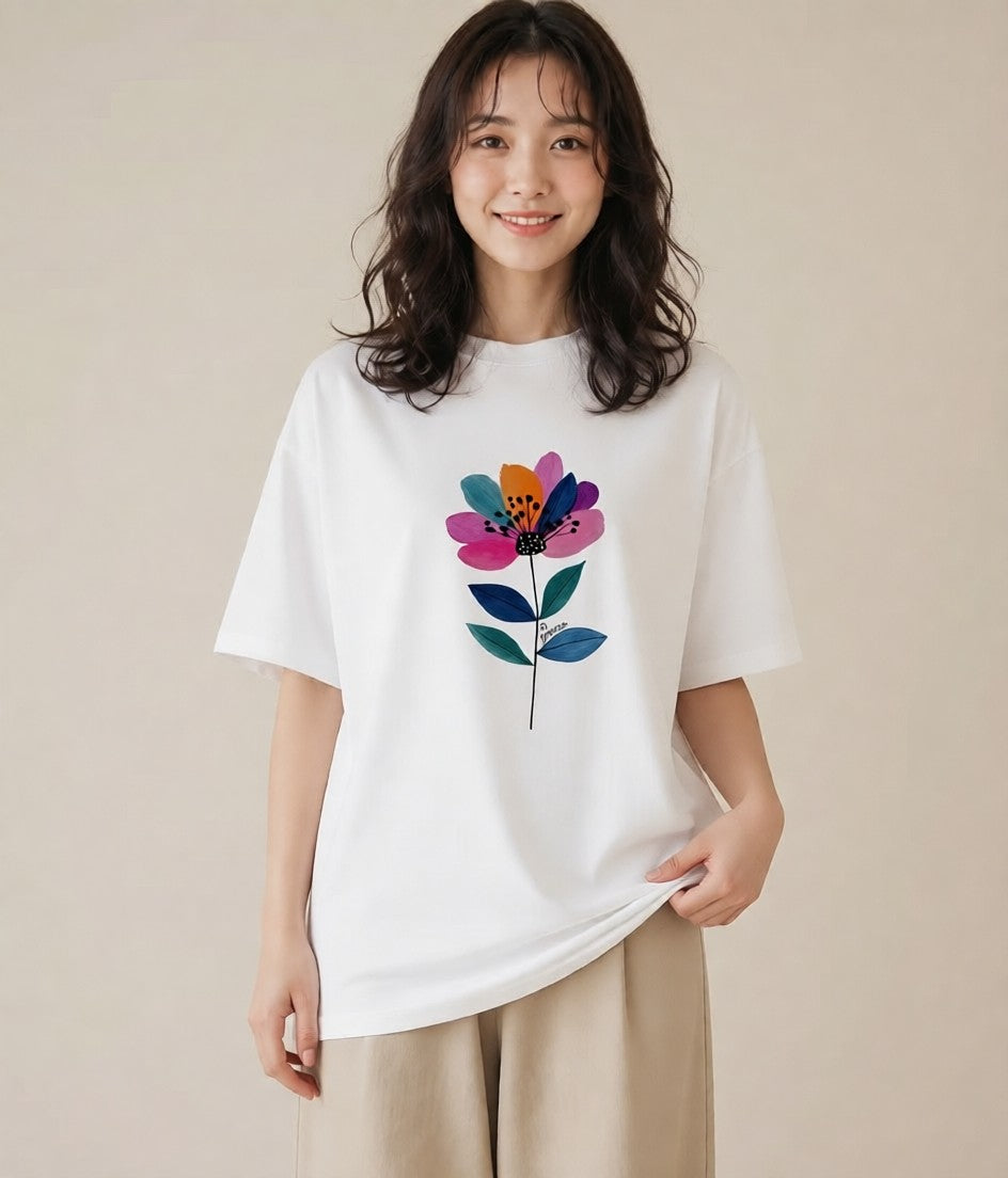 Tシャツ レディース スミレ 花 花柄 イラスト シンプル 海 カフェ巡り 白T YMAZO