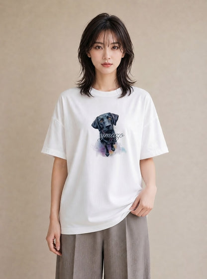 半袖Tシャツ レディース ラブラドールレトリバー 犬 いぬ イラスト フェミニン カフェ服 クリスマス 白T YMAZO