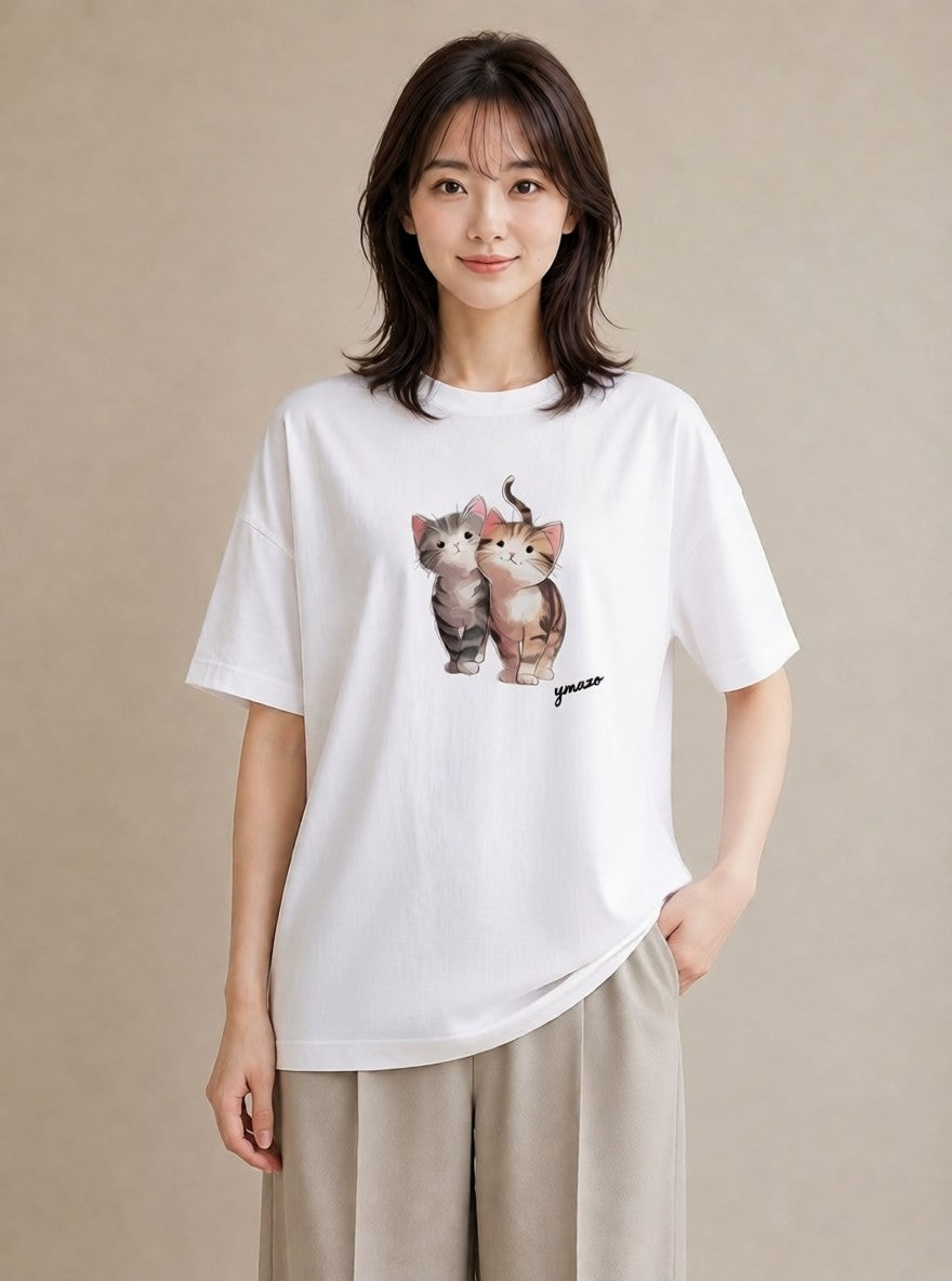 プリントTシャツ レディース ねこ 猫 ネコ イラスト 普段使い お出かけ 普段着 白T YMAZO