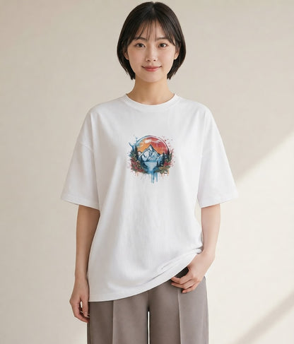 プリントTシャツ レディース 山 星空 宇宙 イラスト きれいめカジュアル お出かけ 普段着 白T YMAZO