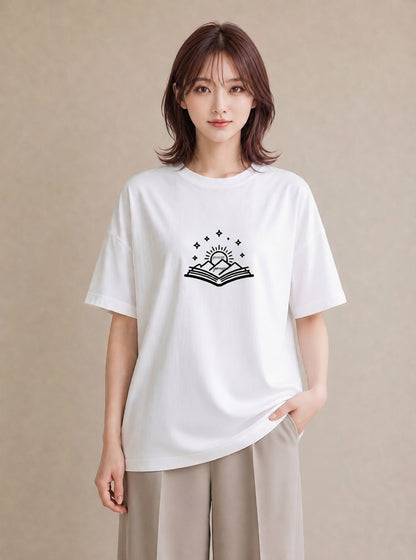 半袖Tシャツ レディース 本 読書 ブック イラスト 線画 休日 ペアコーデ 白T YMAZO