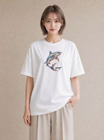 デザインTシャツ レディース サメ 海の生き物 海 イラスト 可愛い ママ カフェ服 白T YMAZO