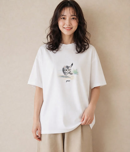 Tシャツ レディース マンチカン 猫 ねこ イラスト ヴィンテージ風 女性向けギフト 散歩 白T YMAZO
