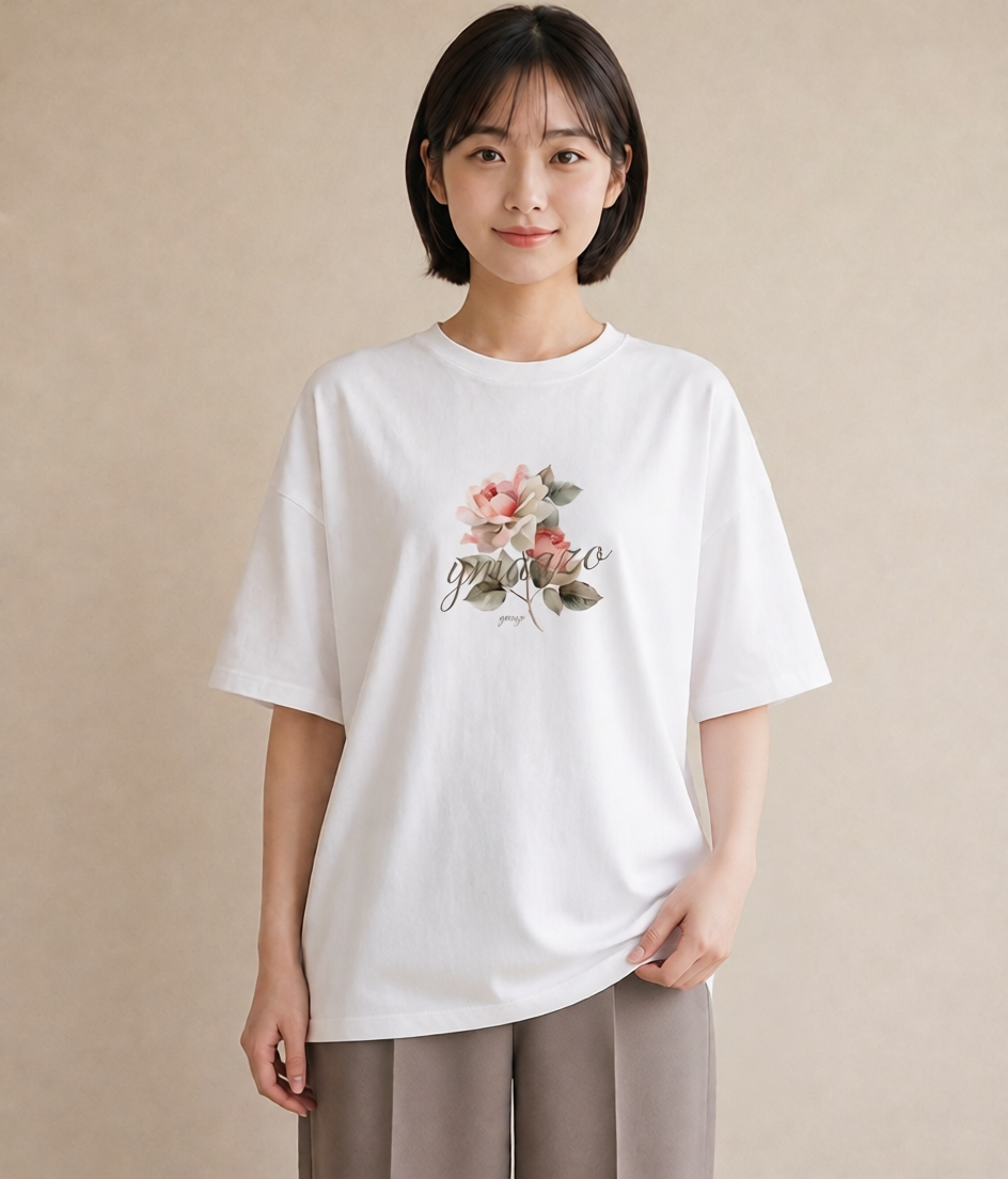 Tシャツ レディース 椿 花 花柄 イラスト ガーリー デイリーウェア 休日 白T