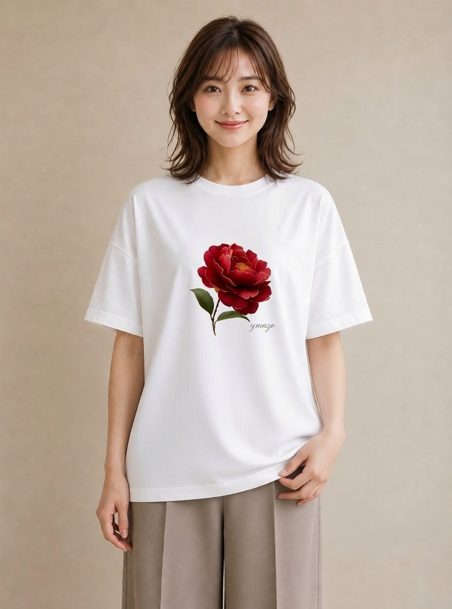 半袖Tシャツ レディース 椿 花 花柄 イラスト ユニーク 女性 旅行用 白T