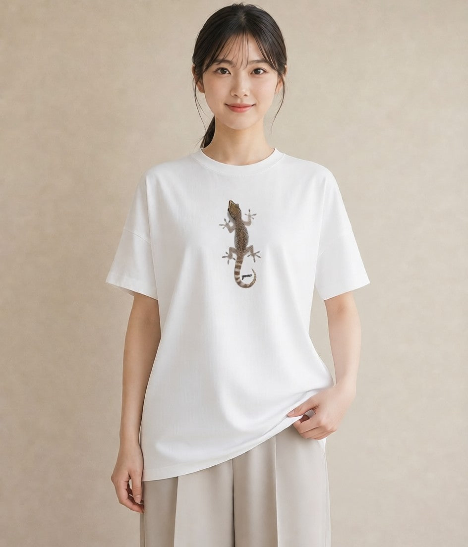 Tシャツ レディース ヤモリ ペット 動物 イラスト きれいめカジュアル ラフ レイヤード 白T YMAZO