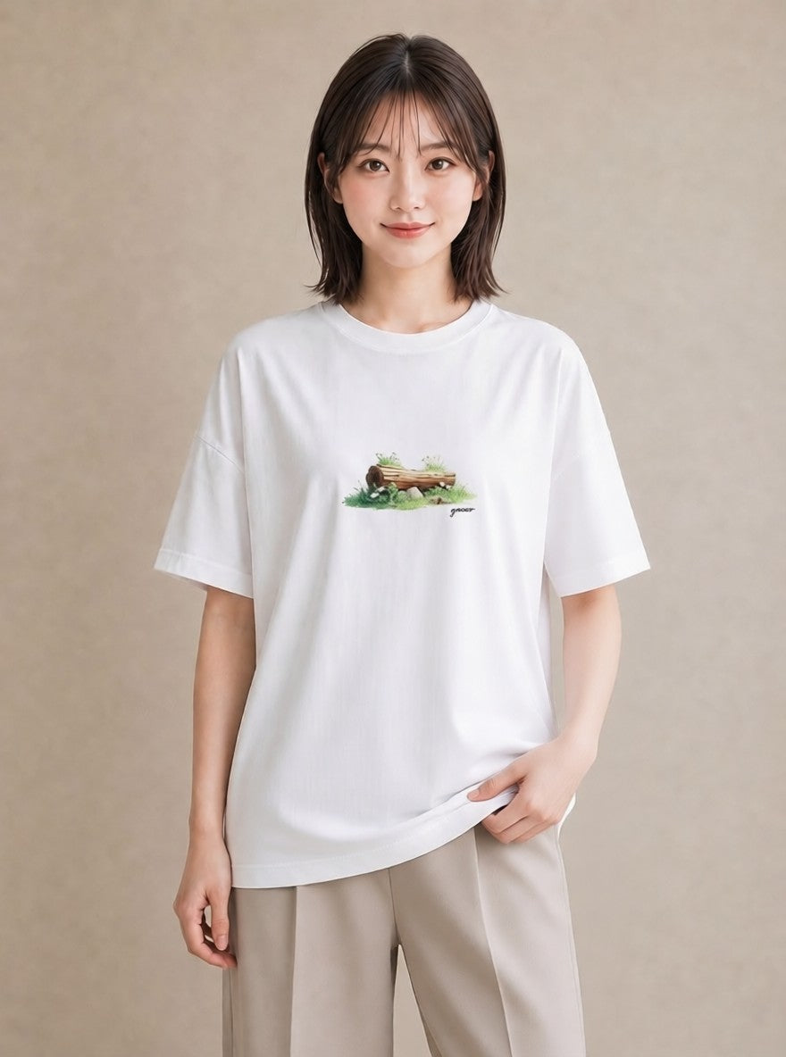 プリントTシャツ レディース 小川 橋 せせらぎ ナチュラル アンティーク イラスト ポップ 通学 誕生日プレゼント 白T YMAZO